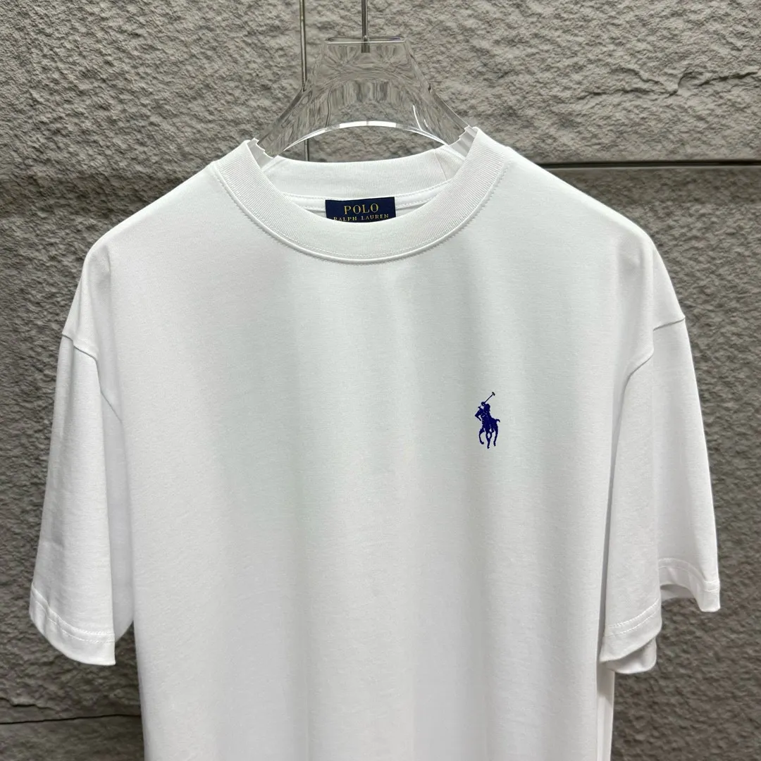 🅿️180 Polo* Ralph Lauren 2025 spring and summer new style Classic pony embroidery Customized double yarn plain cotton fabric Short-sleeved T-shirt Uniform for men and women Color: black white light pink light blue Size: S (90-130 pounds) M (120-150 pounds) L (140-165 pounds) XL (160-180 pounds) XXL (180-210 pounds)